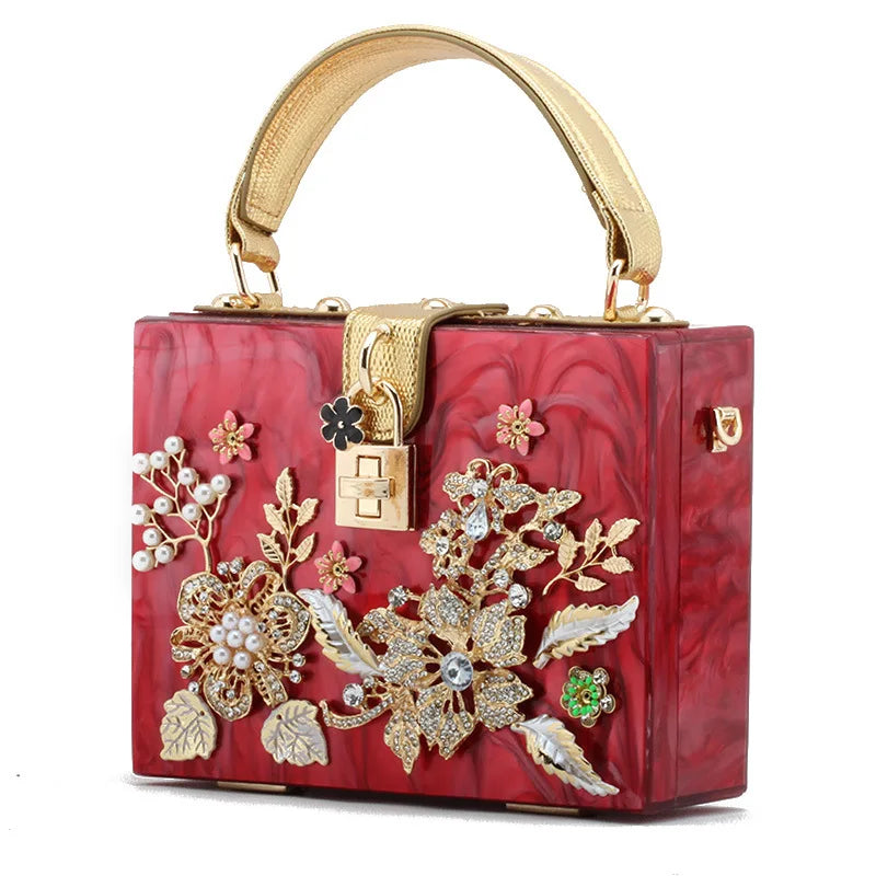 Vintage Blumen Diamant Frauen Handtasche Marmorierung Acryl Damen Box Kupplungen Hohe Qualität Frauen Hochzeit Braut Partei Schulter Taschen