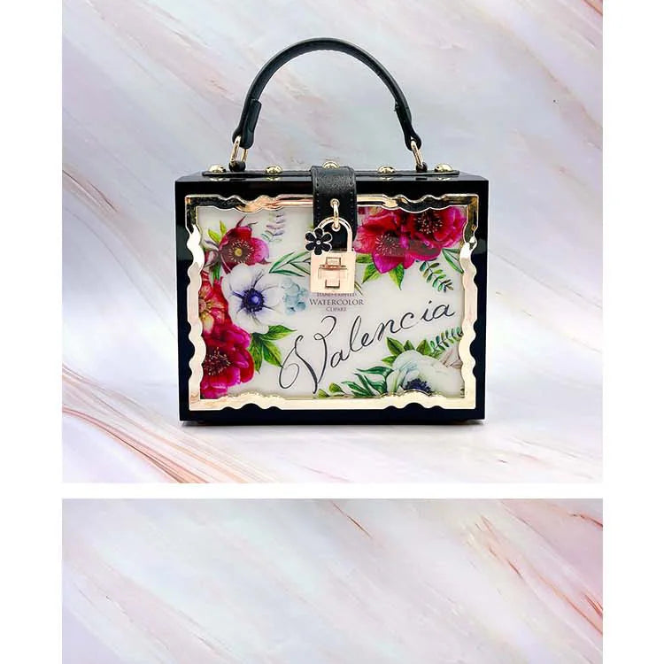 Mode Blume Muster Box Stil Party Handtasche Kupplung Luxus Frauen Geldbörsen Acryl Designer Umhängetasche Tasche Schwarz Schulter Tasche