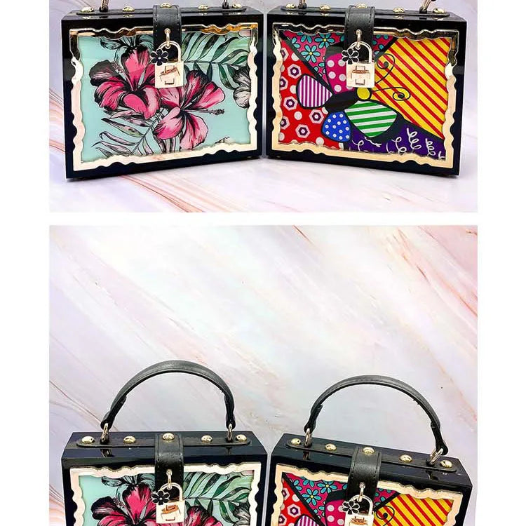 Mode Blume Muster Box Stil Party Handtasche Kupplung Luxus Frauen Geldbörsen Acryl Designer Umhängetasche Tasche Schwarz Schulter Tasche