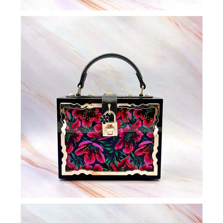 Mode Blume Muster Box Stil Party Handtasche Kupplung Luxus Frauen Geldbörsen Acryl Designer Umhängetasche Tasche Schwarz Schulter Tasche