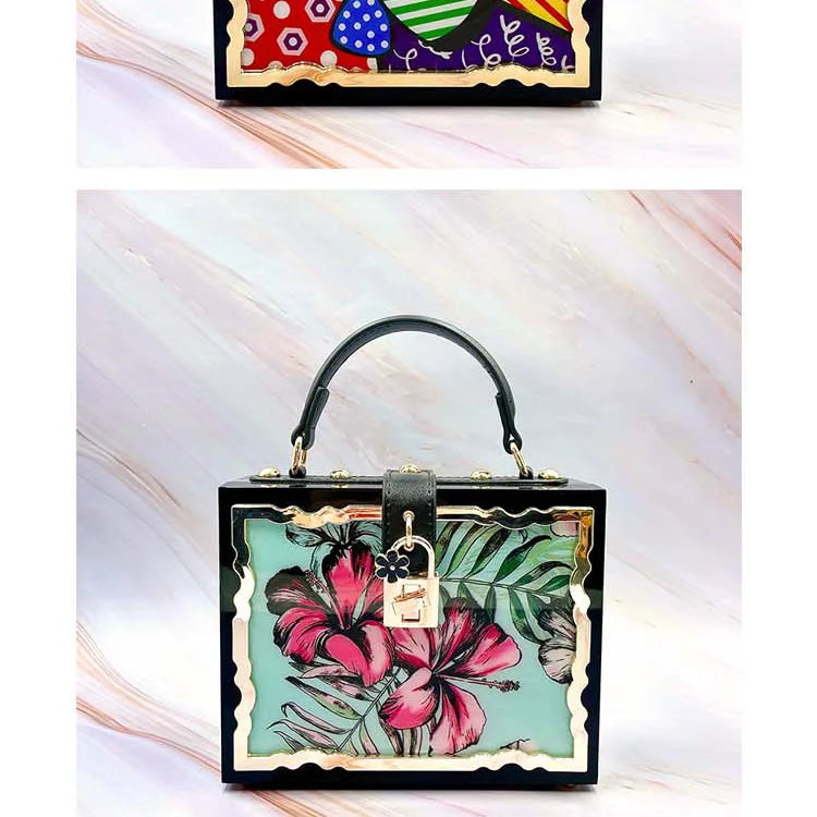 Mode Blume Muster Box Stil Party Handtasche Kupplung Luxus Frauen Geldbörsen Acryl Designer Umhängetasche Tasche Schwarz Schulter Tasche