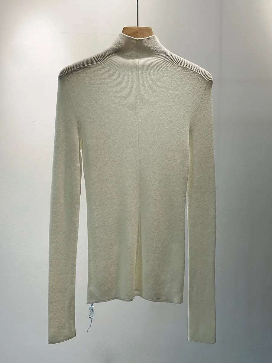 Birdtree 18G 100 % Wolle, eleganter, nahtloser, dünner Pullover, Damen-Pullover mit Stehkragen, lange Ärmel, Basic-Strickoberteile, 2024 Herbst T46503QM