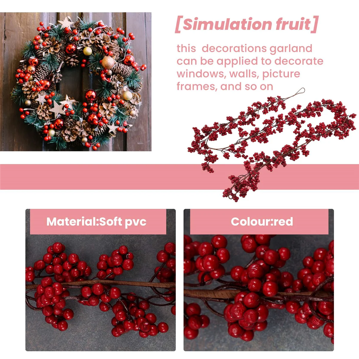 5,9 Fuß weihnachtliche rote Beerengirlande, künstliche burgunderrote rote Pip-Weihnachtsgirlande für Kamindekorationen, Urlaubsdekoration