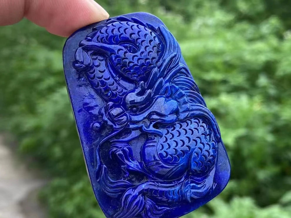 Natürliche blaue Lapislazuli Anhänger Halskette 60.7*40.3*12mm Drachen geschnitzte Frauen Männer 5mm Perlen Schmuck Edelstein aaaaaa