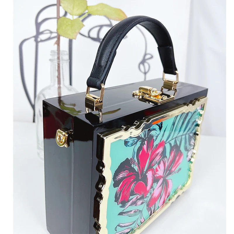 Mode Blume Muster Box Stil Party Handtasche Kupplung Luxus Frauen Geldbörsen Acryl Designer Umhängetasche Tasche Schwarz Schulter Tasche