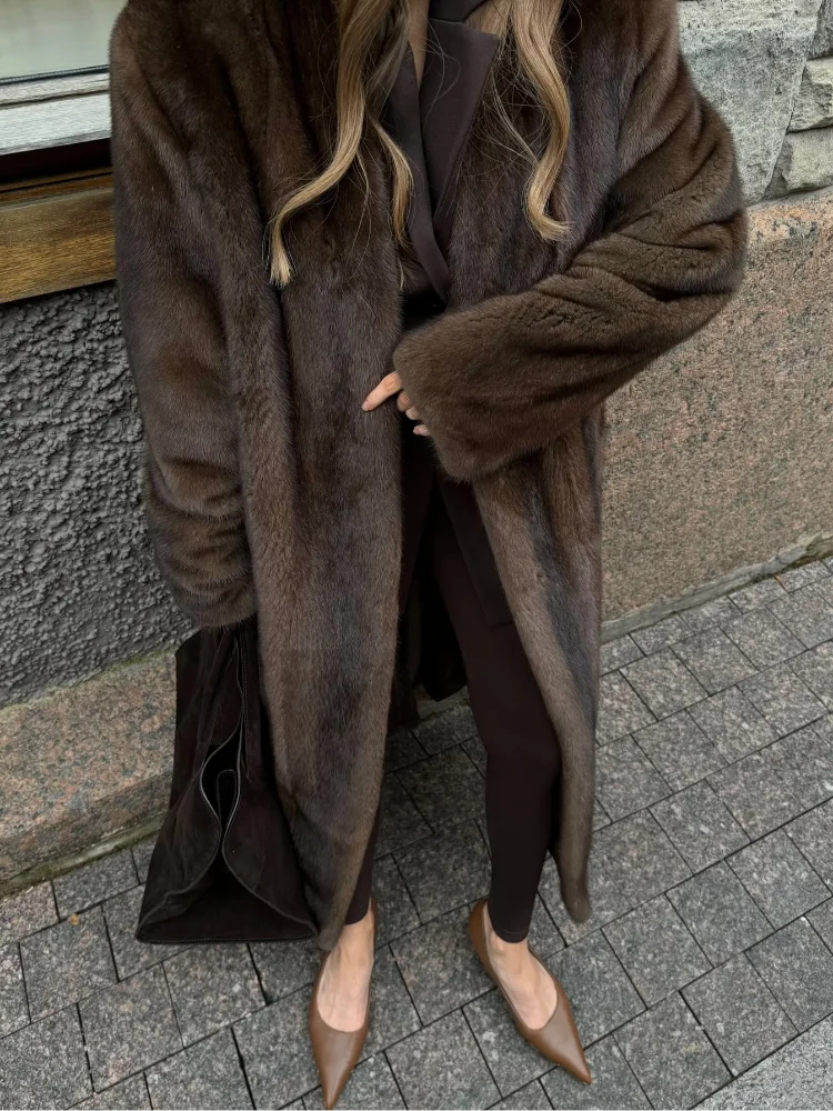 Damen Luxus Soft Thicken Warm Hairy Faux Fox Pelzmantel Mode Übergroße Braune Langarm Flauschige Jacke 2024 Lady Streetwear