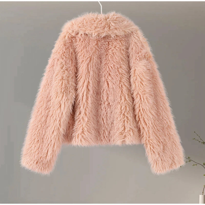 Luxury Fluffy Faux Fur Jacket Coat Women 2024 Autumn Winter Lapel Long Sleeve Loose Thick Warm Coats Fashion Streetwear Outwear