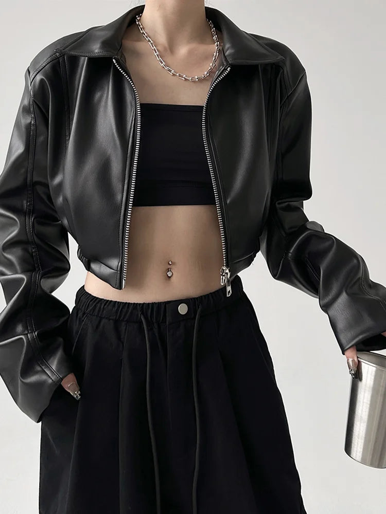 Jacken PU Leder Frauen Schwarz Revers Langarm Crop Mäntel Amerikanischen Retro Streetwear Zipper Fashion Casual Weibliche Oberbekleidung