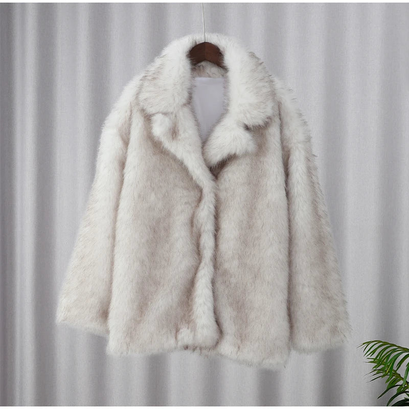 Frauen Herbst Winter solide flauschige Kunst pelz dicken Mantel elegante Revers lange Ärmel kurze Mäntel Mode Damen Straße Oberbekleidung