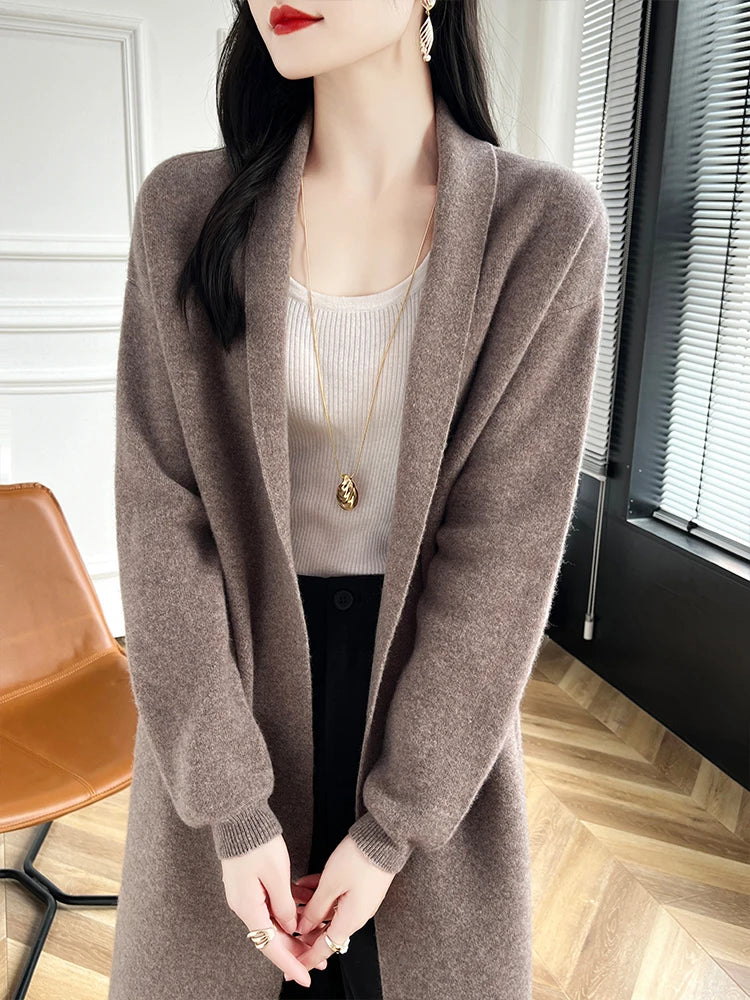 2024 frauen Lange Strickjacke Kaschmir Pullover Frühling Herbst Winter Büro Dame Lose Mantel 100% Merino Wolle Strickwaren Koreanische Mode