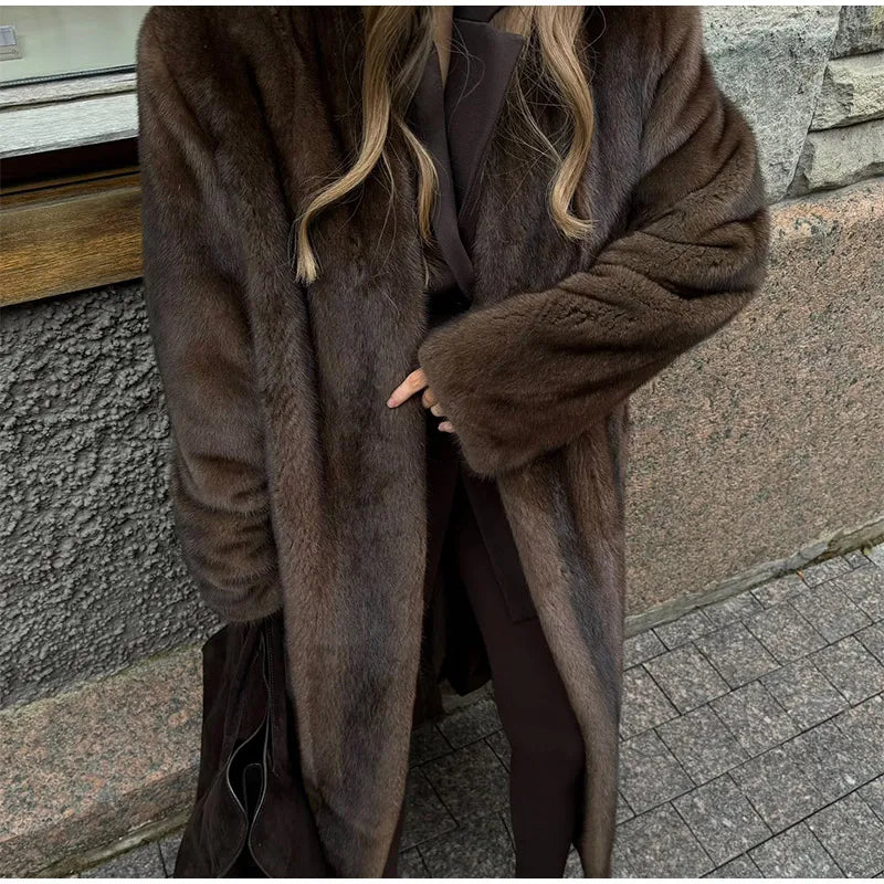 Damen Luxus Soft Thicken Warm Hairy Faux Fox Pelzmantel Mode Übergroße Braune Langarm Flauschige Jacke 2024 Lady Streetwear