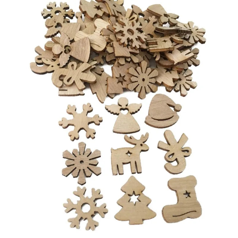 50 Stück festliche Dekorationen, 50 Stück/Sets, Weihnachtsbaumschmuck aus Holz, Neujahr, Weihnachtsmann, Schneemann, Zuhause