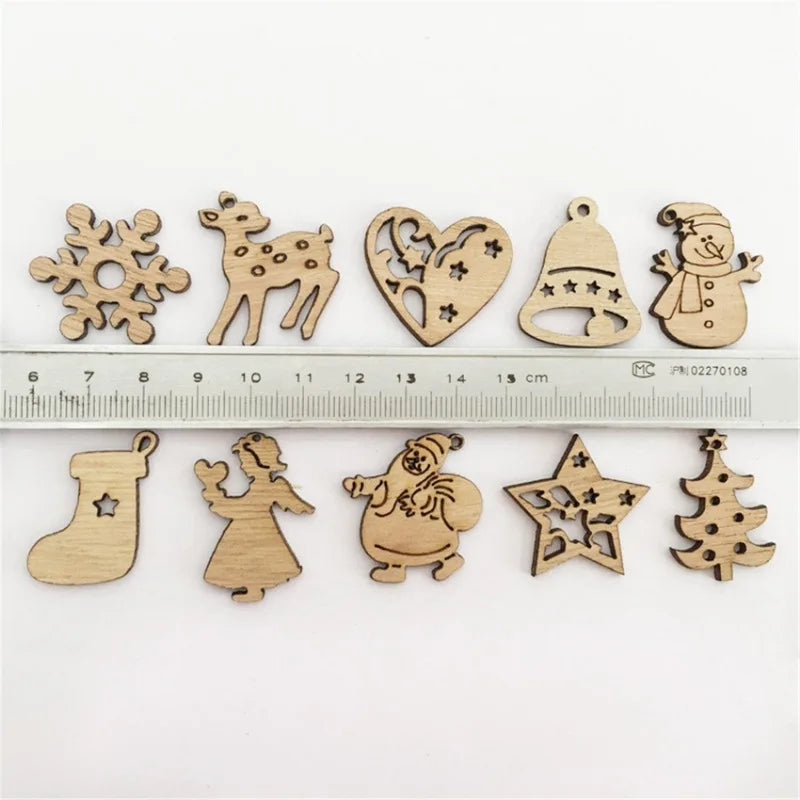 50 Stück festliche Dekorationen, 50 Stück/Sets, Weihnachtsbaumschmuck aus Holz, Neujahr, Weihnachtsmann, Schneemann, Zuhause