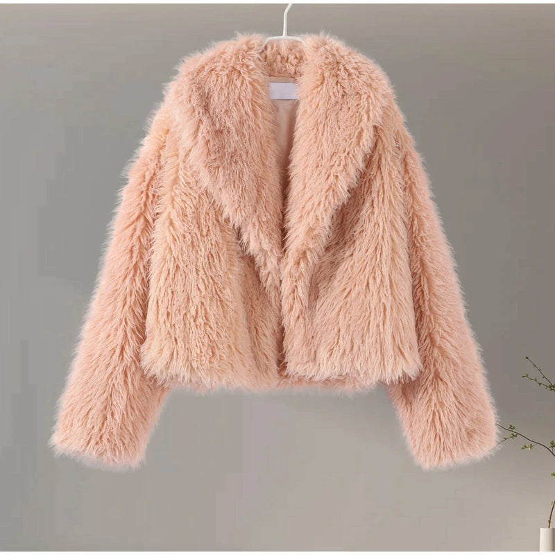 Luxury Fluffy Faux Fur Jacket Coat Women 2024 Autumn Winter Lapel Long Sleeve Loose Thick Warm Coats Fashion Streetwear Outwear