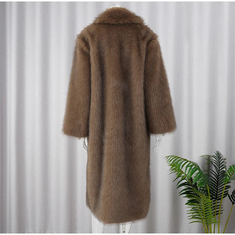 Damen Luxus Soft Thicken Warm Hairy Faux Fox Pelzmantel Mode Übergroße Braune Langarm Flauschige Jacke 2024 Lady Streetwear