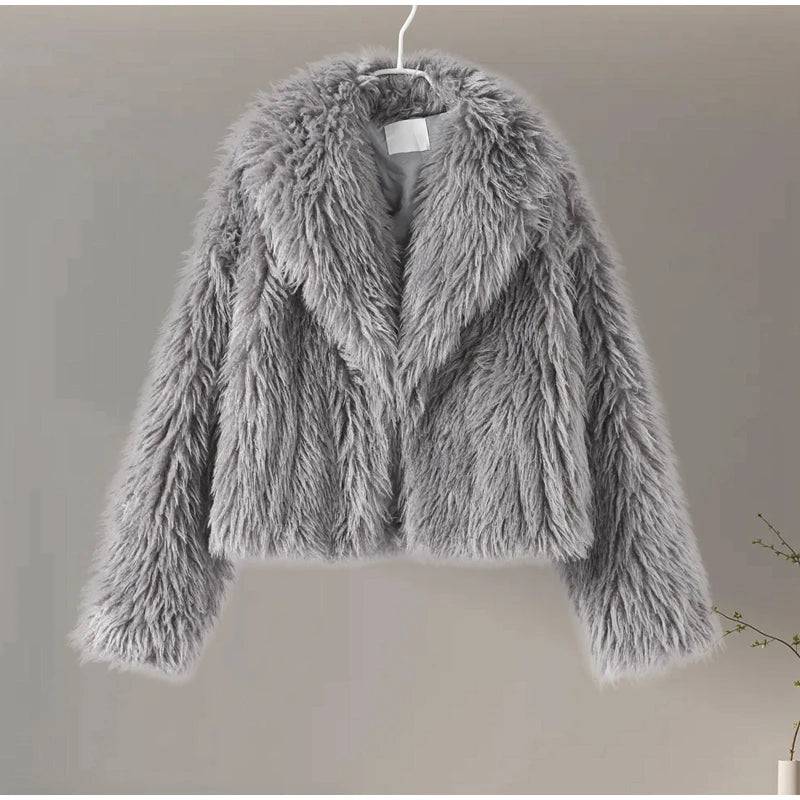 Luxury Fluffy Faux Fur Jacket Coat Women 2024 Autumn Winter Lapel Long Sleeve Loose Thick Warm Coats Fashion Streetwear Outwear