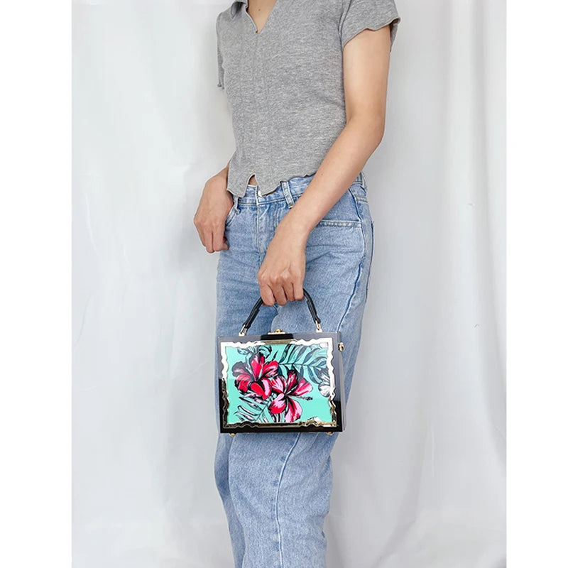 Mode Blume Muster Box Stil Party Handtasche Kupplung Luxus Frauen Geldbörsen Acryl Designer Umhängetasche Tasche Schwarz Schulter Tasche