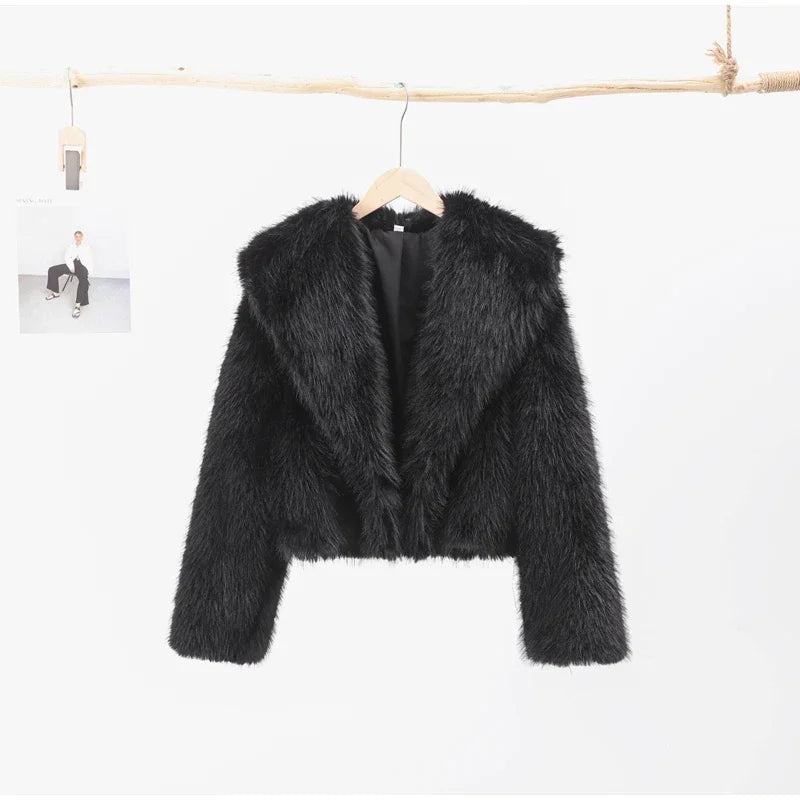 Luxury Fluffy Faux Fur Jacket Coat Women 2024 Autumn Winter Lapel Long Sleeve Loose Thick Warm Coats Fashion Streetwear Outwear