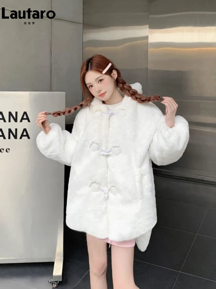 Lautaro Winter übergroße warm weiße Kunst pelz Mantel Frauen mit Hasen ohren kawaii süße süße japanische Stil flauschige Jacke Hoodie