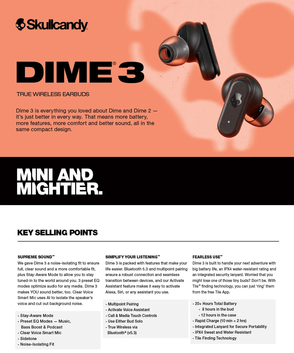 Choice Skullcandy DIME 3 Bluetooth 5.3-Kopfhörer mit intelligentem Mikrofon, wasserdichte HD-Sprach-Ohrhörer, integrierte Fliesen, 20 Stunden Akkulaufzeit