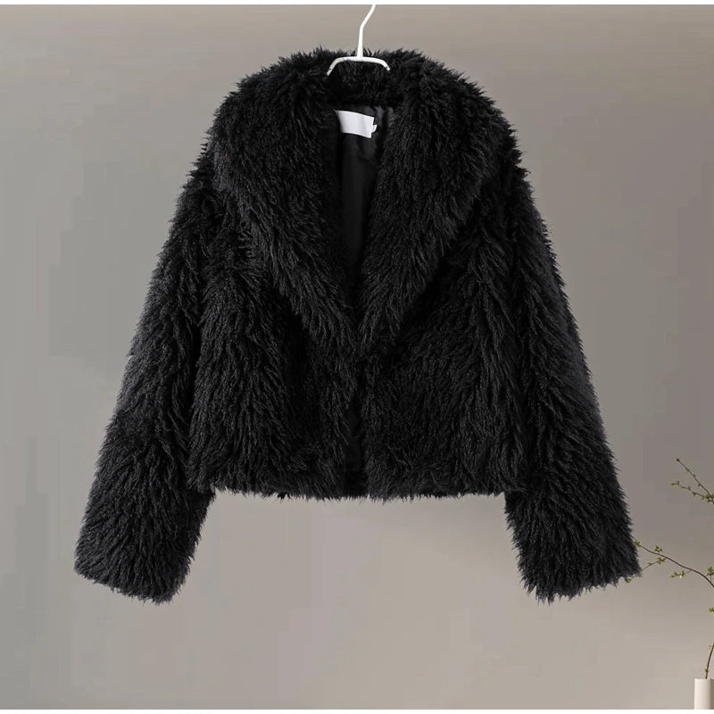 Luxury Fluffy Faux Fur Jacket Coat Women 2024 Autumn Winter Lapel Long Sleeve Loose Thick Warm Coats Fashion Streetwear Outwear