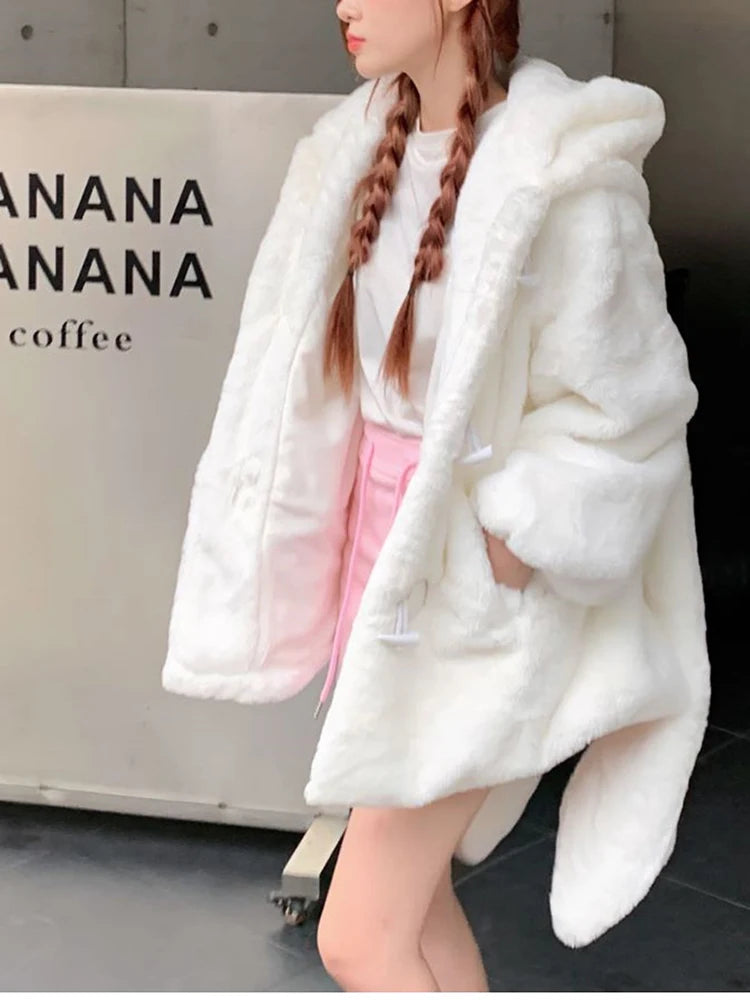 Lautaro Winter übergroße warm weiße Kunst pelz Mantel Frauen mit Hasen ohren kawaii süße süße japanische Stil flauschige Jacke Hoodie