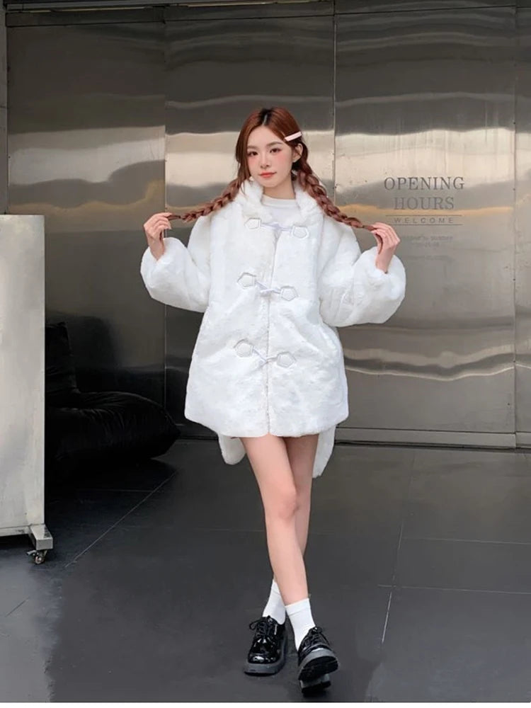 Lautaro Winter übergroße warm weiße Kunst pelz Mantel Frauen mit Hasen ohren kawaii süße süße japanische Stil flauschige Jacke Hoodie