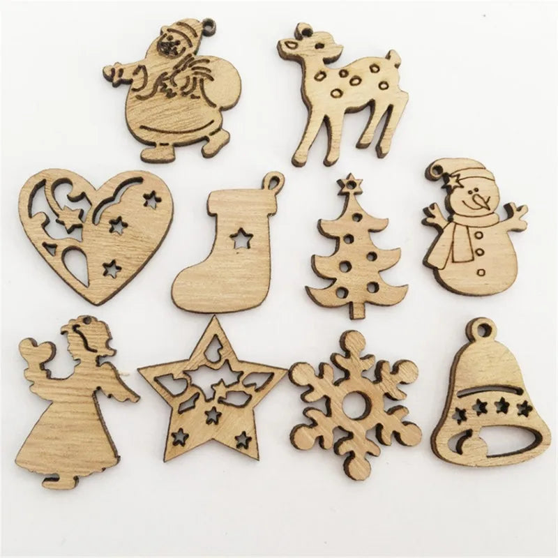 50 Stück festliche Dekorationen, 50 Stück/Sets, Weihnachtsbaumschmuck aus Holz, Neujahr, Weihnachtsmann, Schneemann, Zuhause