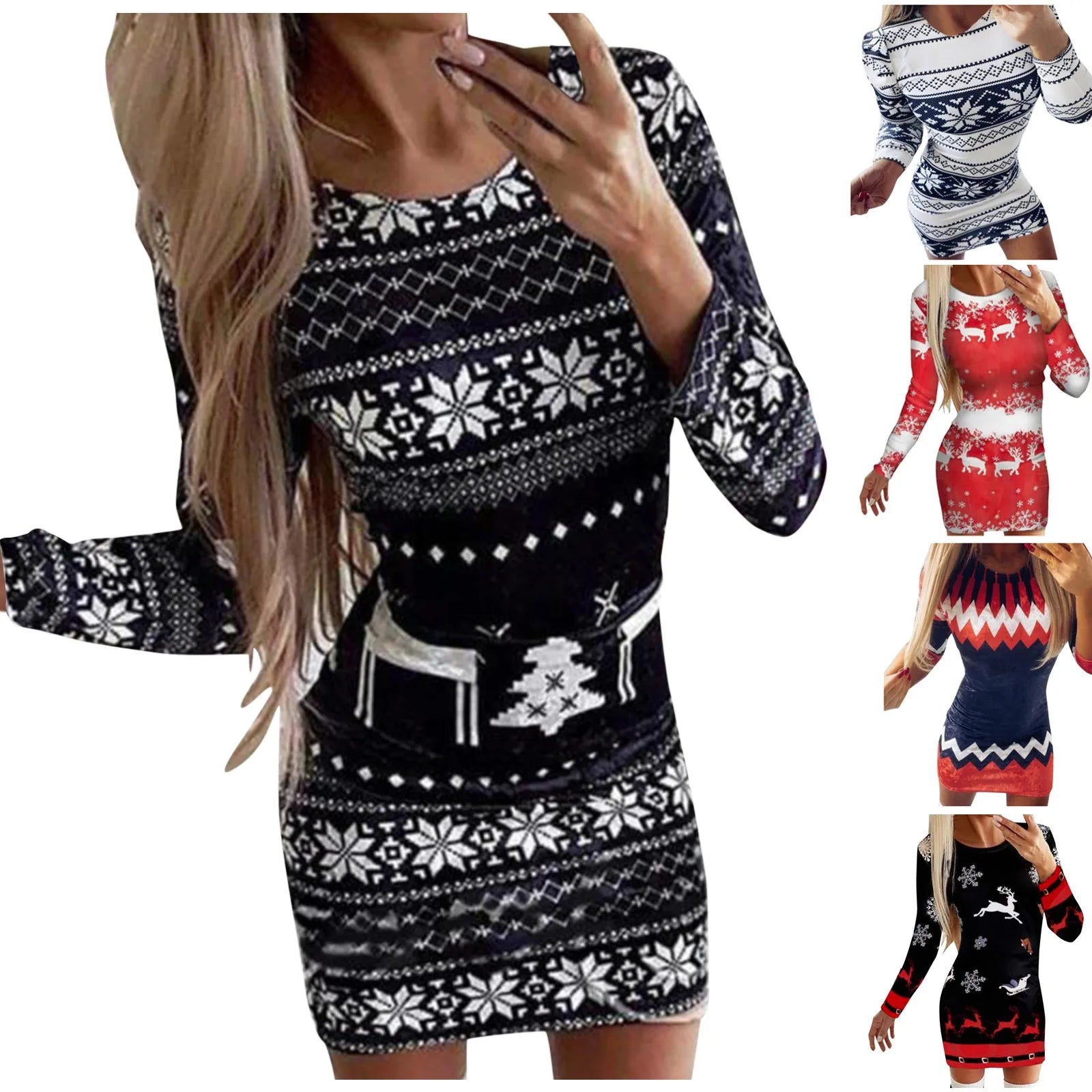 Damenmode Weihnachtskleider Elegante Herbst Winter Neujahr Frauen Langarm Cartoon Print Partykleid 2024 Streetwear