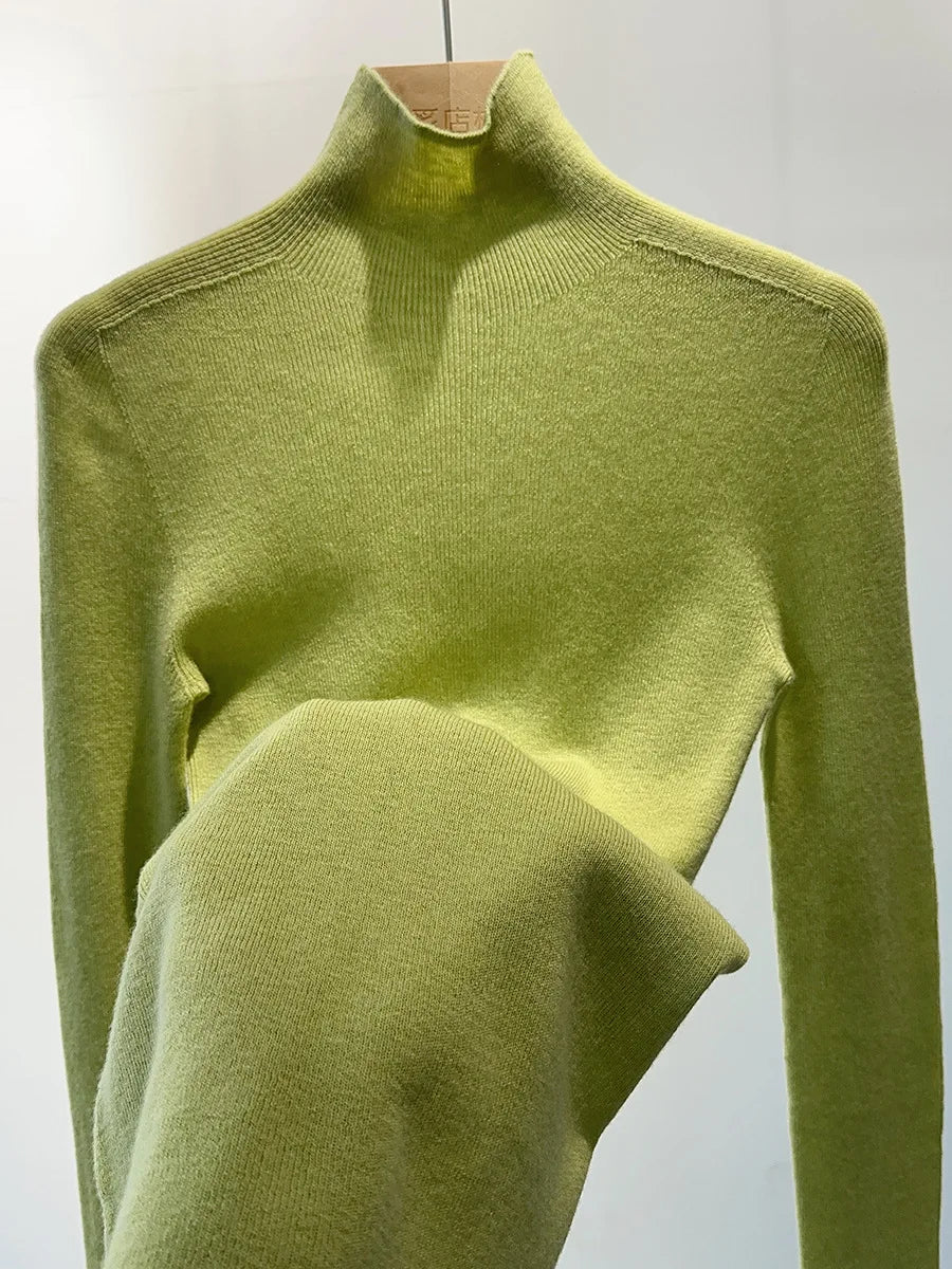 Birdtree 18G 100 % Wolle, eleganter, nahtloser, dünner Pullover, Damen-Pullover mit Stehkragen, lange Ärmel, Basic-Strickoberteile, 2024 Herbst T46503QM