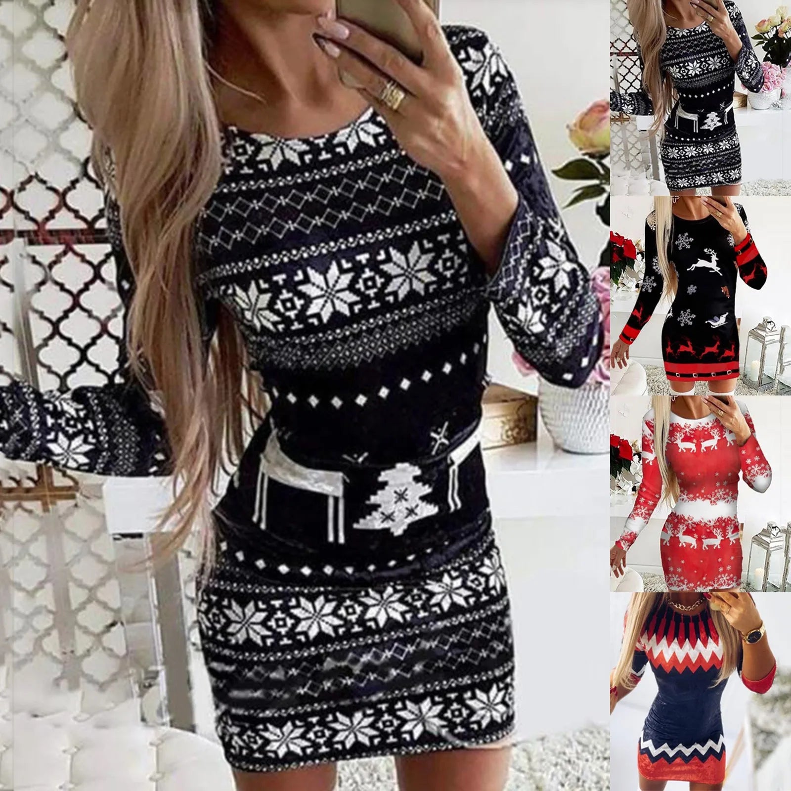 Damenmode Weihnachtskleider Elegante Herbst Winter Neujahr Frauen Langarm Cartoon Print Partykleid 2024 Streetwear