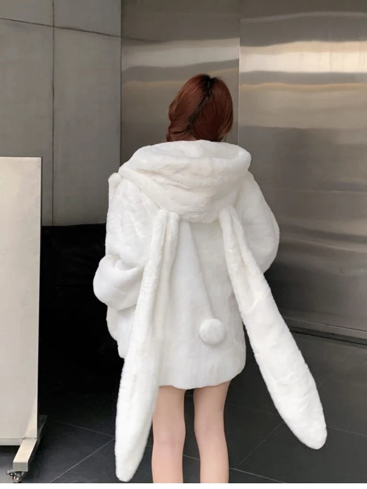 Lautaro Winter übergroße warm weiße Kunst pelz Mantel Frauen mit Hasen ohren kawaii süße süße japanische Stil flauschige Jacke Hoodie