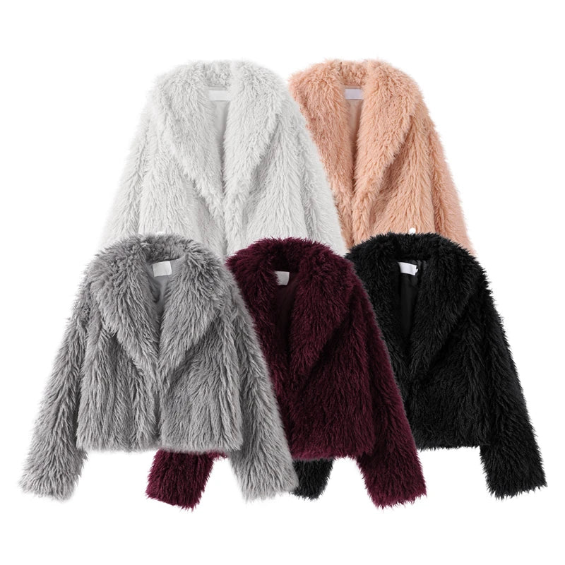 Luxury Fluffy Faux Fur Jacket Coat Women 2024 Autumn Winter Lapel Long Sleeve Loose Thick Warm Coats Fashion Streetwear Outwear