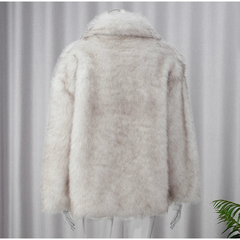 Frauen Herbst Winter solide flauschige Kunst pelz dicken Mantel elegante Revers lange Ärmel kurze Mäntel Mode Damen Straße Oberbekleidung