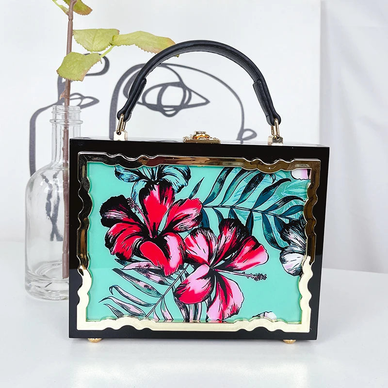 Mode Blume Muster Box Stil Party Handtasche Kupplung Luxus Frauen Geldbörsen Acryl Designer Umhängetasche Tasche Schwarz Schulter Tasche