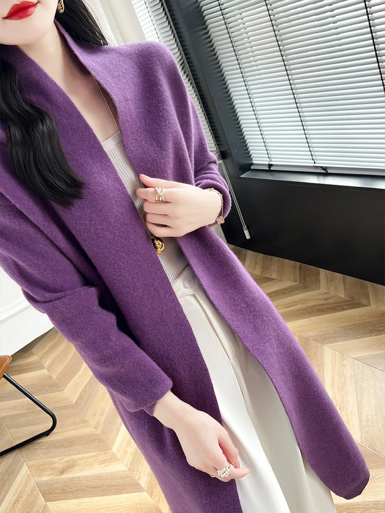 2024 frauen Lange Strickjacke Kaschmir Pullover Frühling Herbst Winter Büro Dame Lose Mantel 100% Merino Wolle Strickwaren Koreanische Mode