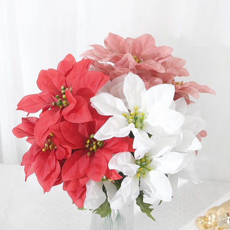 32cm 7 Gabeln rote Weihnachts blumen Braut strauß Hochzeit Weihnachts dekoration Home Party Vase Dekoration Kunstblumen strauß