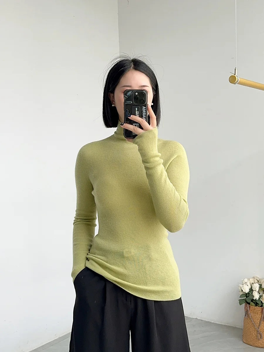 Birdtree 18G 100 % Wolle, eleganter, nahtloser, dünner Pullover, Damen-Pullover mit Stehkragen, lange Ärmel, Basic-Strickoberteile, 2024 Herbst T46503QM