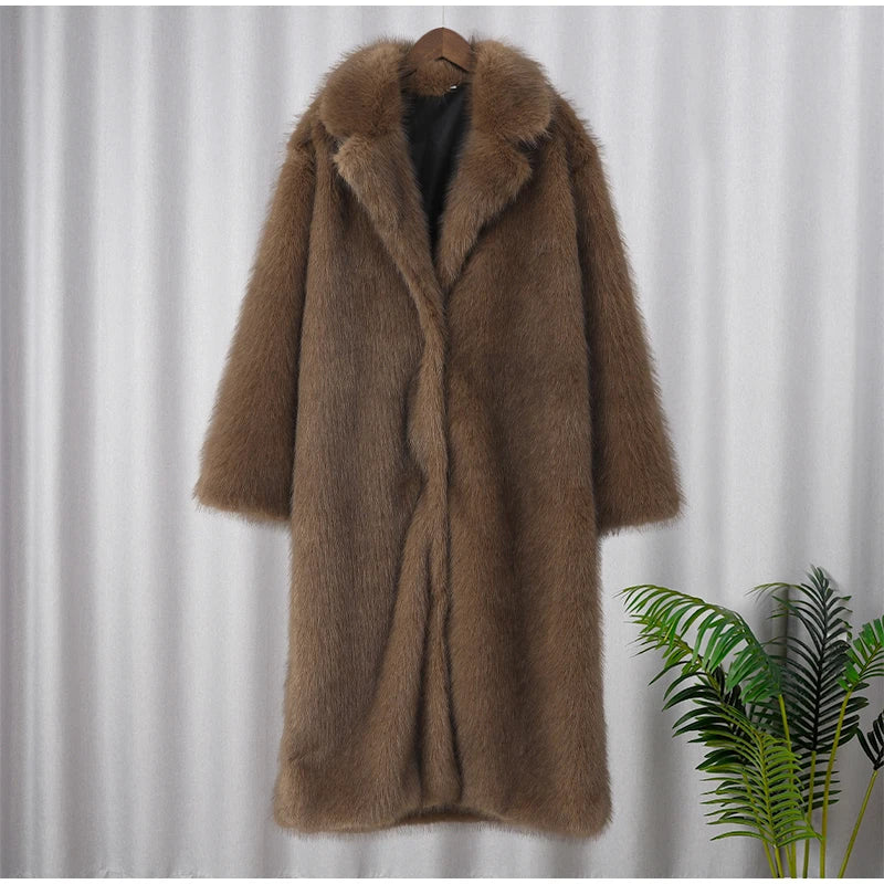 Damen Luxus Soft Thicken Warm Hairy Faux Fox Pelzmantel Mode Übergroße Braune Langarm Flauschige Jacke 2024 Lady Streetwear