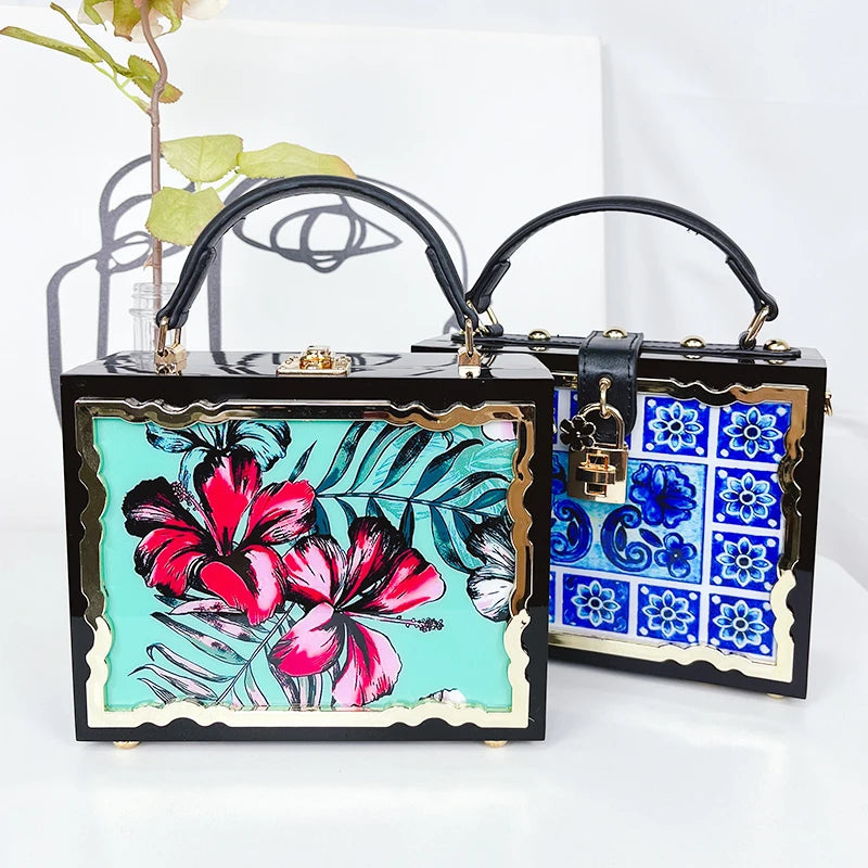 Mode Blume Muster Box Stil Party Handtasche Kupplung Luxus Frauen Geldbörsen Acryl Designer Umhängetasche Tasche Schwarz Schulter Tasche