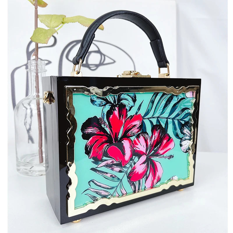 Mode Blume Muster Box Stil Party Handtasche Kupplung Luxus Frauen Geldbörsen Acryl Designer Umhängetasche Tasche Schwarz Schulter Tasche