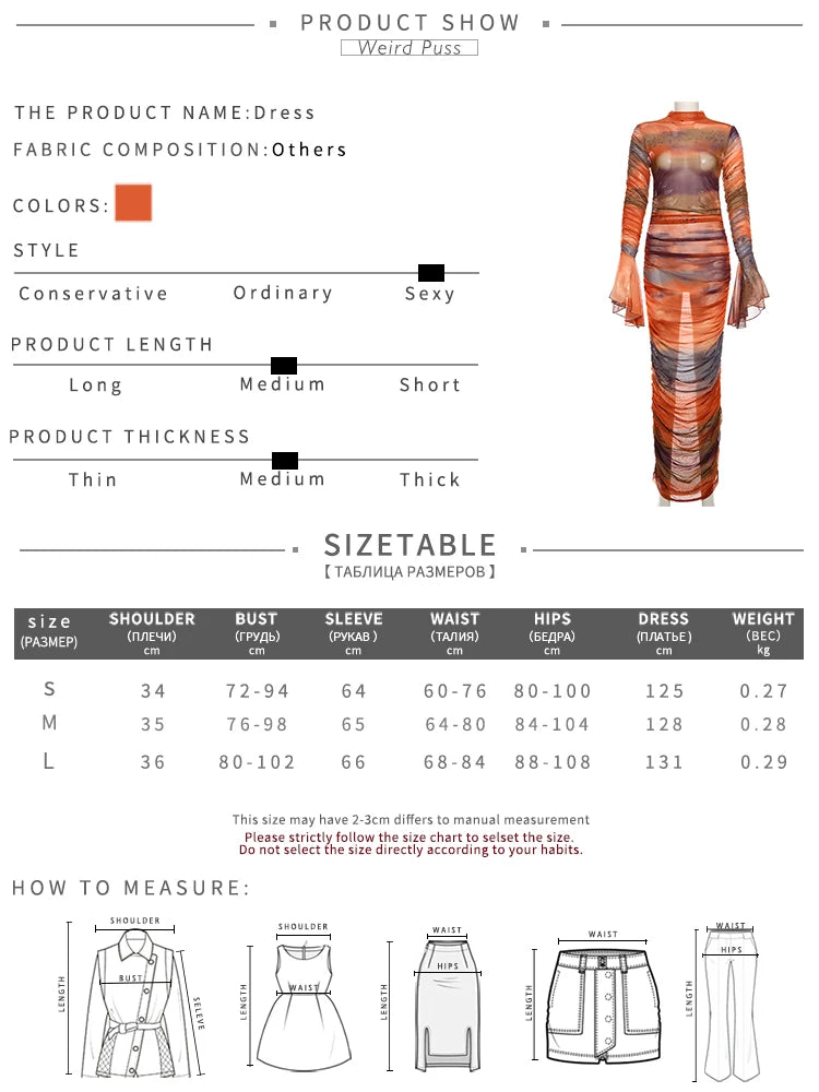 Seltsame Puss geraffte Mesh Kleid Frauen Flare Ärmel Roll kragen Stretch Gradient Print Stretch Mitternacht Party Club Herbst Maxi Bodycon