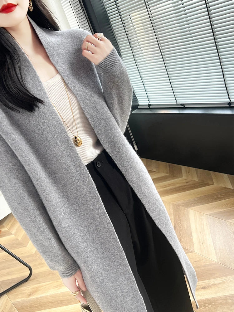 2024 frauen Lange Strickjacke Kaschmir Pullover Frühling Herbst Winter Büro Dame Lose Mantel 100% Merino Wolle Strickwaren Koreanische Mode