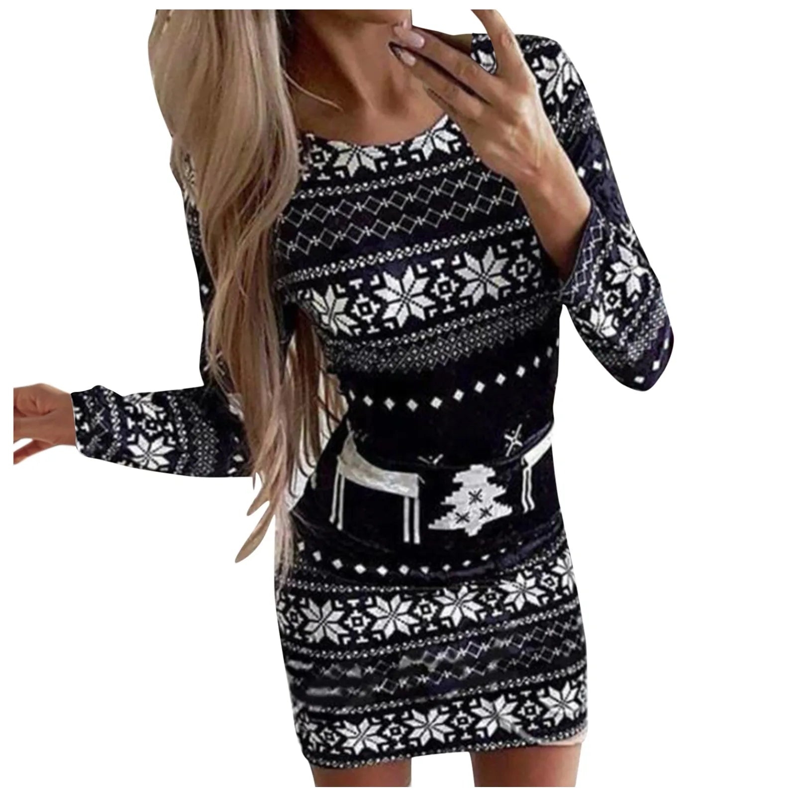 Damenmode Weihnachtskleider Elegante Herbst Winter Neujahr Frauen Langarm Cartoon Print Partykleid 2024 Streetwear