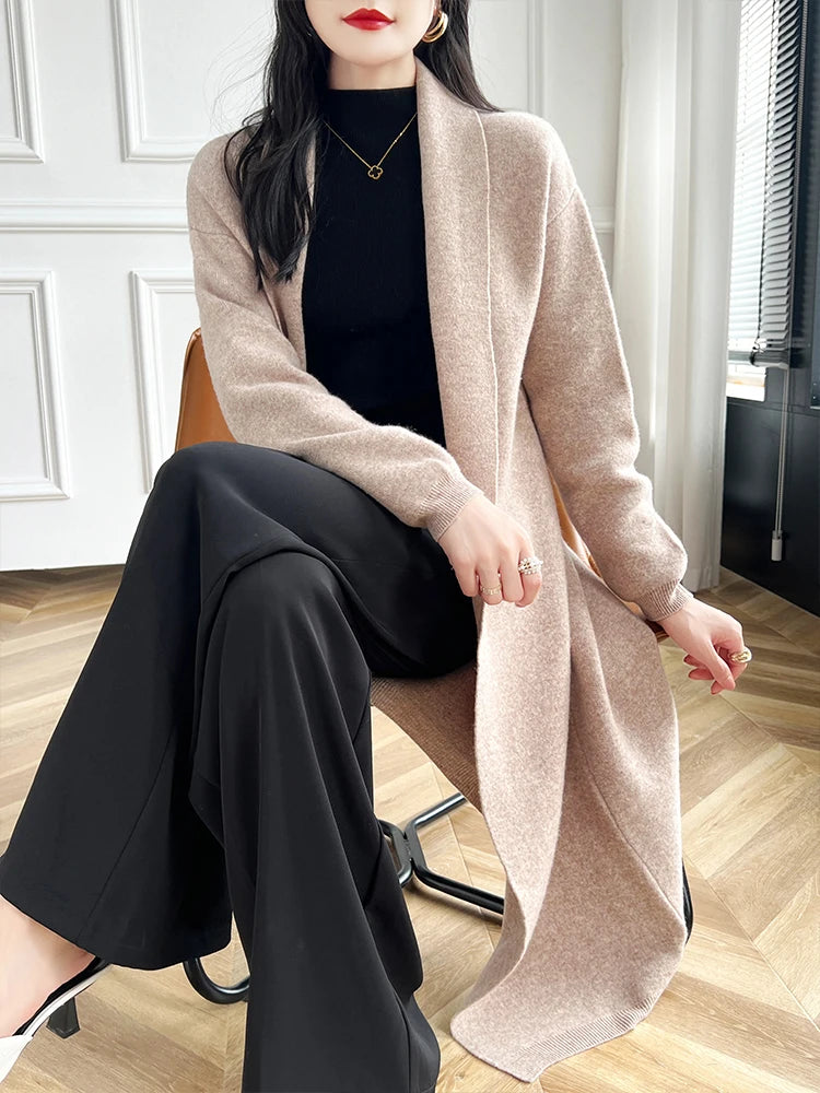 2024 frauen Lange Strickjacke Kaschmir Pullover Frühling Herbst Winter Büro Dame Lose Mantel 100% Merino Wolle Strickwaren Koreanische Mode